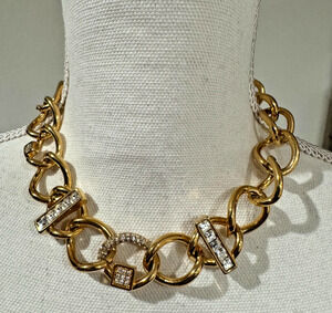 Vtg Monet Gold Collar Necklace Clear Rhinestone Crystal Bars Chunky Curb Link